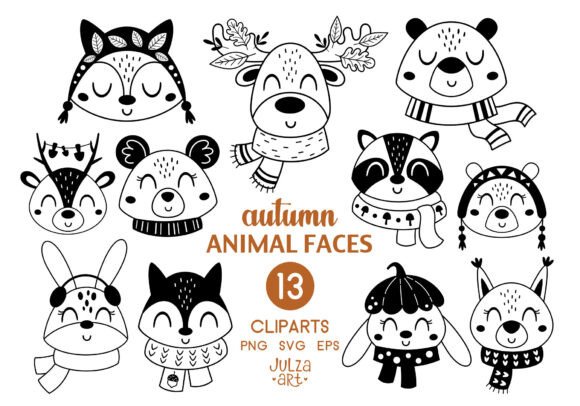 Download Black Autumn Animal Faces Clipart - Premium Bundle